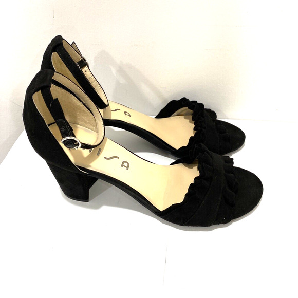 Unisa "Dian" dressy black faux suede high heel shoes ankle straps open toes 8M - Picture 4 of 10